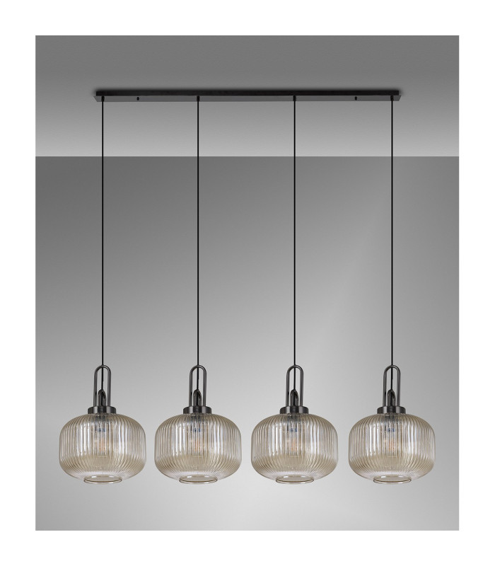 Yorktown Linear Pendant 4 x E27 Black Chrome/Matt Black 30cm Pumpkin Shaped Ribbed Champagne Glass-11