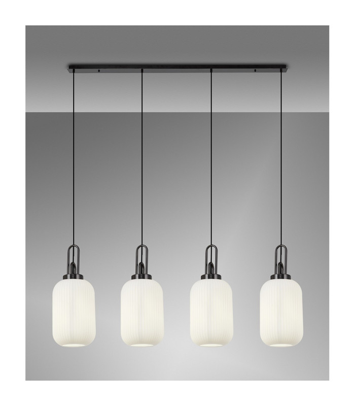 Yorktown Linear 4 Light Pendant 20cm Tubular Ribbed Glass Black Chrome/Matt Black Opal-3