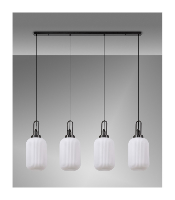 Yorktown Linear 4 Light Pendant 20cm Tubular Ribbed Glass Black Chrome/Matt Black Opal-10