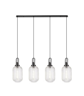 Yorktown Linear 4 Light Pendant 20cm Tubular Ribbed Glass Black Chrome/Matt Black Clear-1