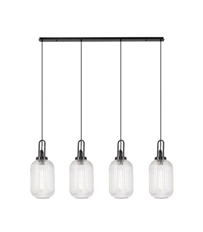 Yorktown Linear 4 Light Pendant 20cm Tubular Ribbed Glass Black Chrome/Matt Black Clear-1