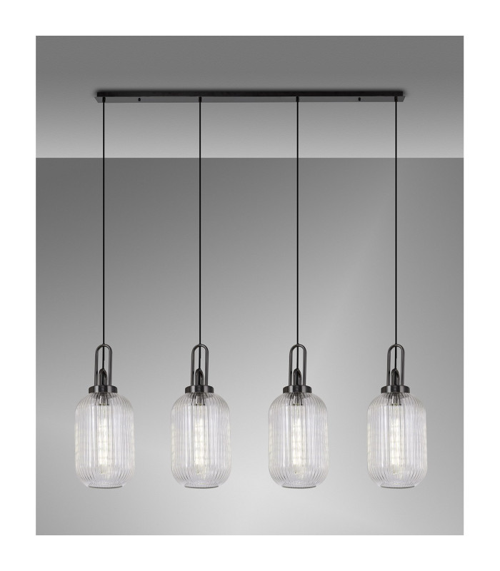 Yorktown Linear 4 Light Pendant 20cm Tubular Ribbed Glass Black Chrome/Matt Black Clear-3