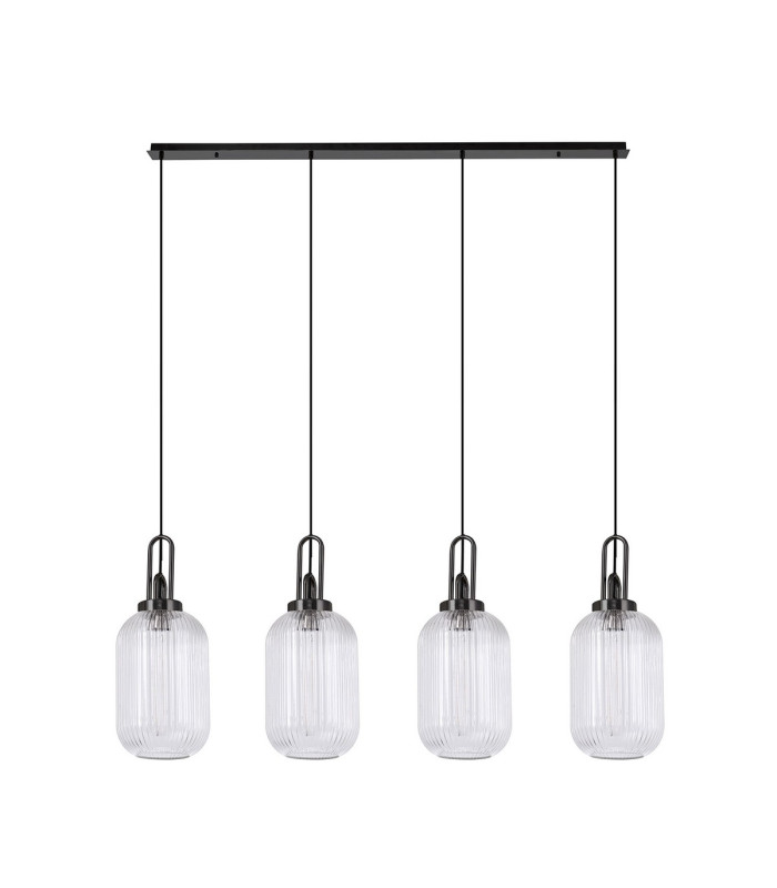 Yorktown Linear 4 Light Pendant 20cm Tubular Ribbed Glass Black Chrome/Matt Black Clear-4