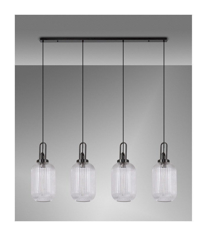 Yorktown Linear 4 Light Pendant 20cm Tubular Ribbed Glass Black Chrome/Matt Black Clear-11