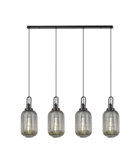 Yorktown Linear 4 Light Pendant 20cm Tubular Ribbed Glass Black Chrome/Matt Black Smoked-1