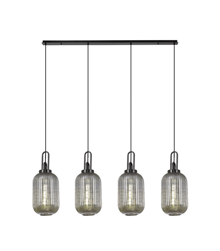Yorktown Linear 4 Light Pendant 20cm Tubular Ribbed Glass Black Chrome/Matt Black Smoked-1