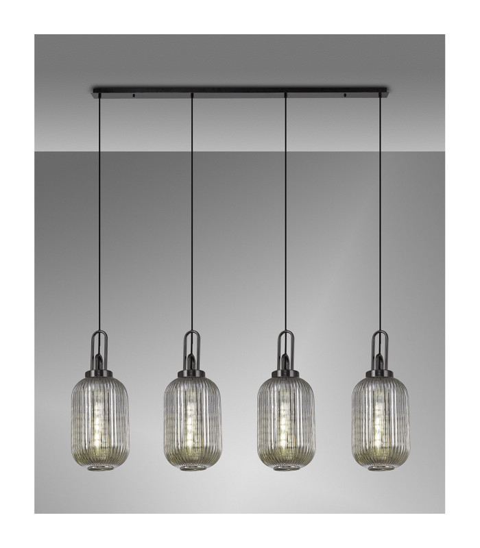 Yorktown Linear 4 Light Pendant 20cm Tubular Ribbed Glass Black Chrome/Matt Black Smoked-3