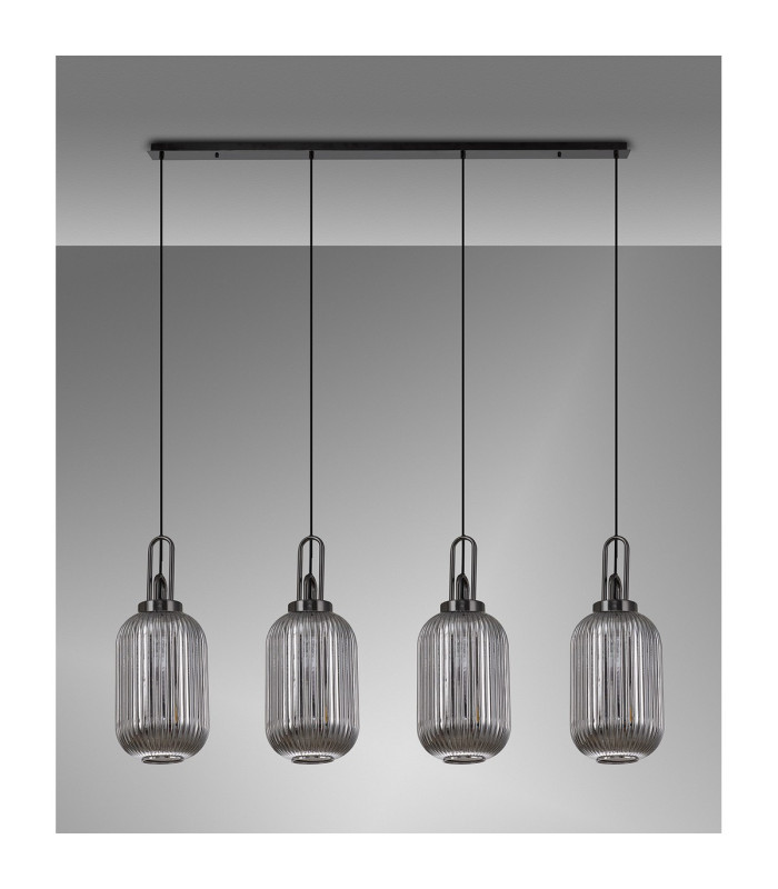 Yorktown Linear 4 Light Pendant 20cm Tubular Ribbed Glass Black Chrome/Matt Black Smoked-11