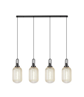 Yorktown Linear 4 Light Pendant 20cm Tubular Ribbed Glass Black Chrome/Matt Black Champagne-1