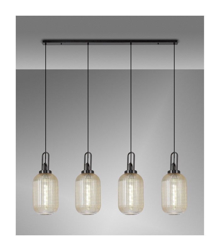 Yorktown Linear 4 Light Pendant 20cm Tubular Ribbed Glass Black Chrome/Matt Black Champagne-3