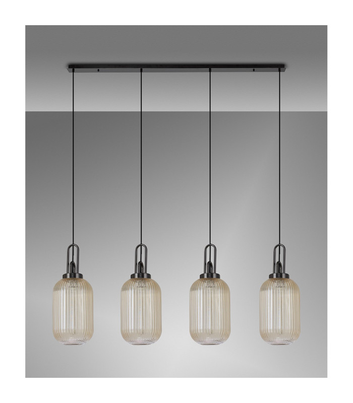 Yorktown Linear 4 Light Pendant 20cm Tubular Ribbed Glass Black Chrome/Matt Black Champagne-11