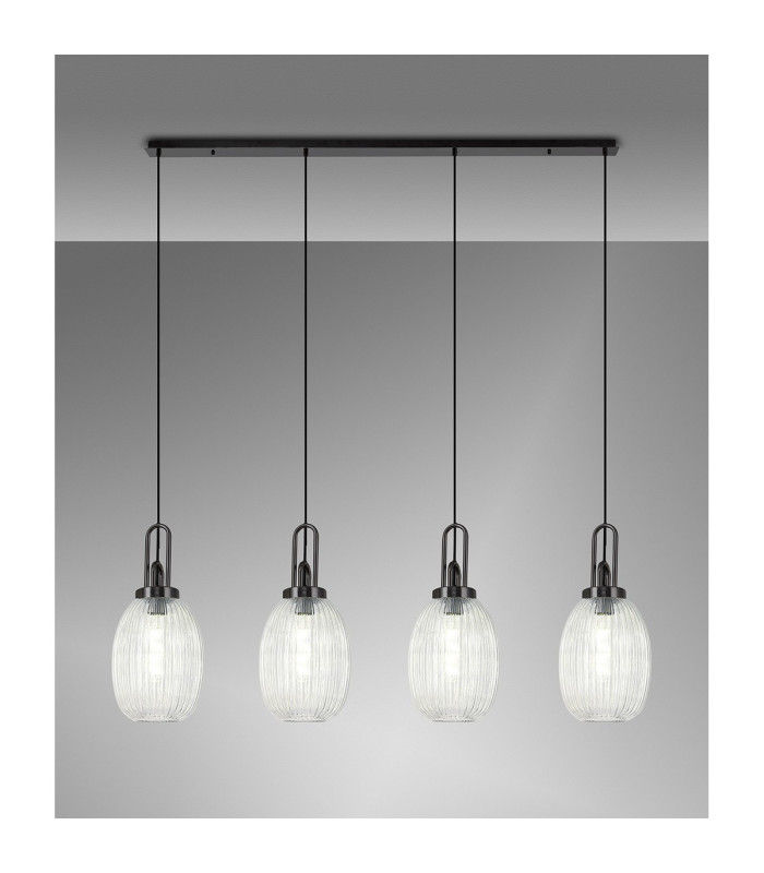 Yorktown Linear 4 Light Pendant 20cm Almond Ribbed Glass Black Chrome/Matt Black Clear-3