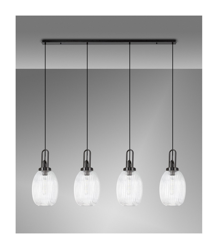 Yorktown Linear 4 Light Pendant 20cm Almond Ribbed Glass Black Chrome/Matt Black Clear-10