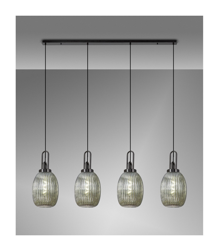 Yorktown Linear 4 Light Pendant 20cm Almond Ribbed Glass Black Chrome/Matt Black Smoked-3