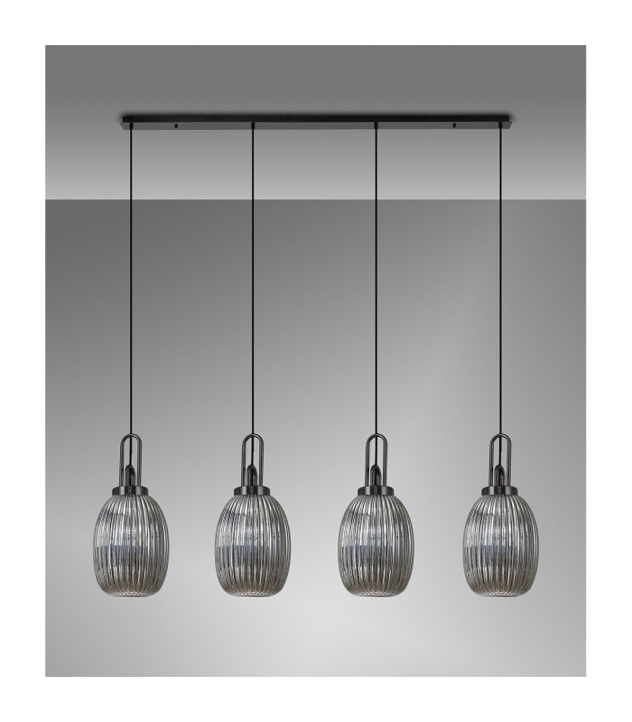 Yorktown Linear 4 Light Pendant 20cm Almond Ribbed Glass Black Chrome/Matt Black Smoked-10