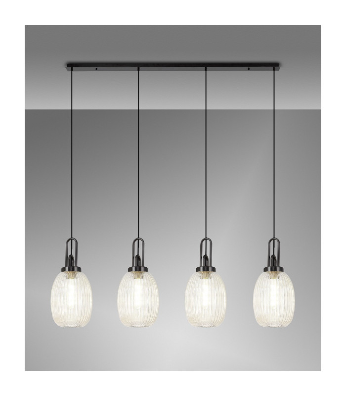 Yorktown Linear 4 Light Pendant 20cm Almond Ribbed Glass Black Chrome/Matt Black Champagne-3