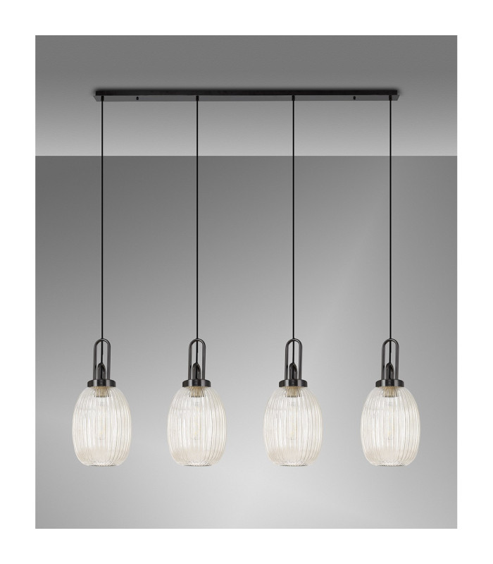 Yorktown Linear 4 Light Pendant 20cm Almond Ribbed Glass Black Chrome/Matt Black Champagne-11