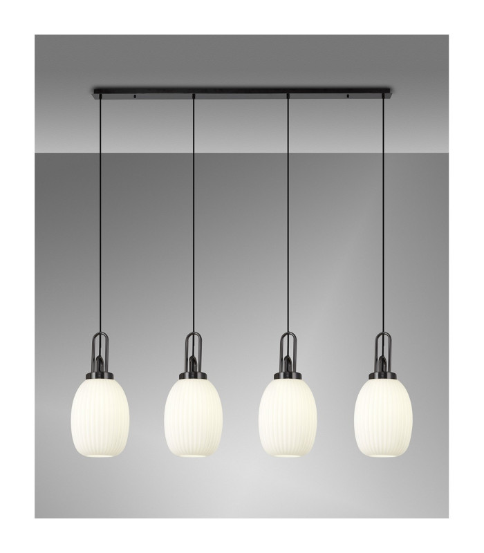 Yorktown Linear 4 Light Pendant 20cm Almond Ribbed Glass Black Chrome/Matt Black Opal-3