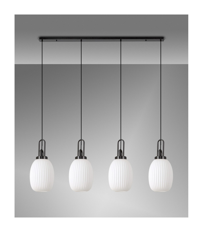 Yorktown Linear 4 Light Pendant 20cm Almond Ribbed Glass Black Chrome/Matt Black Opal-10