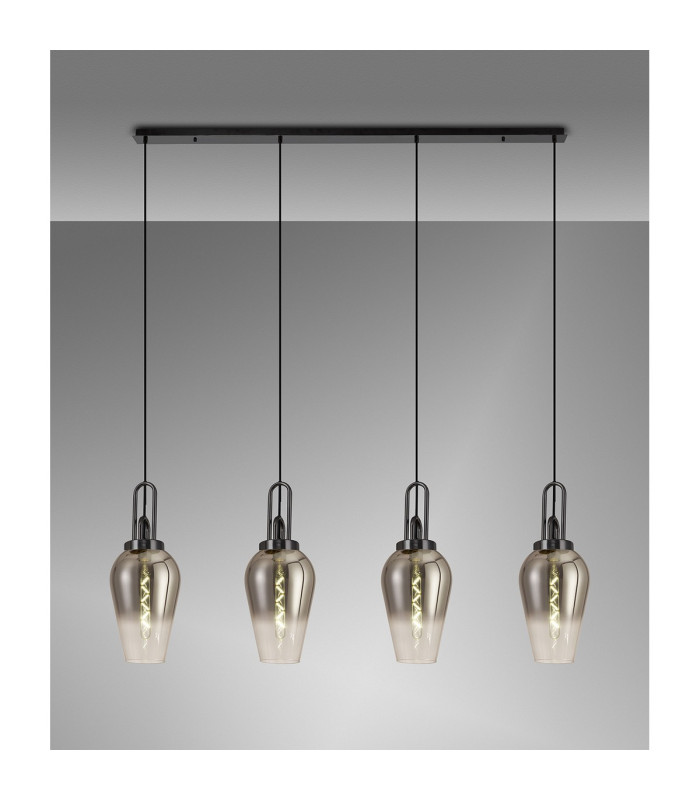 Yorktown Linear 4 Light Pendant E27 23cm Pear Glass Smoked/Clear Black Chrome/Matt Black-3