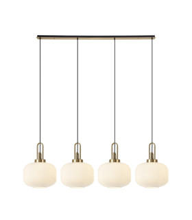 Yorktown Linear Pendant 4 x E27 Brass Gold/Matt Black 30cm Pumpkin Shaped Ribbed Opal Glass-1