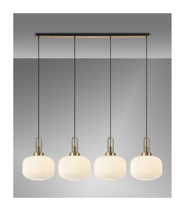 Yorktown Linear Pendant 4 x E27 Brass Gold/Matt Black 30cm Pumpkin Shaped Ribbed Opal Glass-3