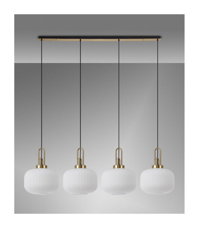 Yorktown Linear Pendant 4 x E27 Brass Gold/Matt Black 30cm Pumpkin Shaped Ribbed Opal Glass-11