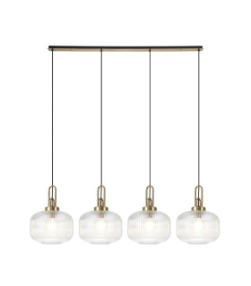 Yorktown Linear Pendant 4 x E27 Brass Gold/Matt Black 30cm Pumpkin Shaped Ribbed Clear Glass-1