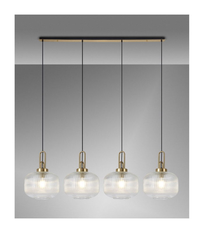 Yorktown Linear Pendant 4 x E27 Brass Gold/Matt Black 30cm Pumpkin Shaped Ribbed Clear Glass-3