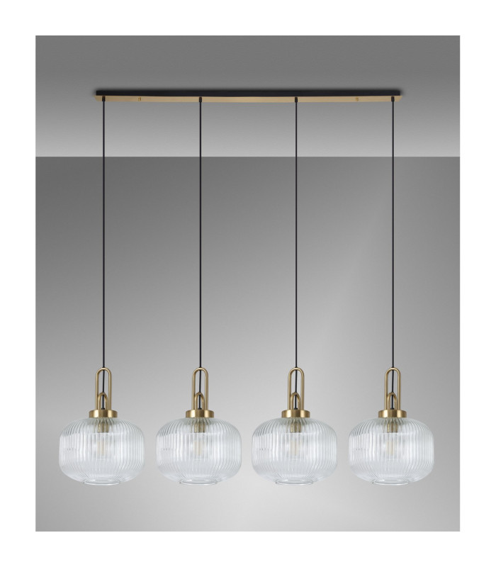 Yorktown Linear Pendant 4 x E27 Brass Gold/Matt Black 30cm Pumpkin Shaped Ribbed Clear Glass-11