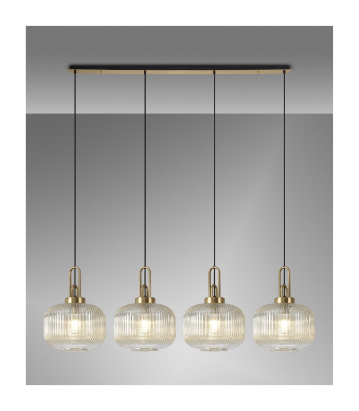 Yorktown Linear Pendant 4 x E27 Brass Gold/Matt Black 30cm Pumpkin Shaped Ribbed Champagne Glass-3