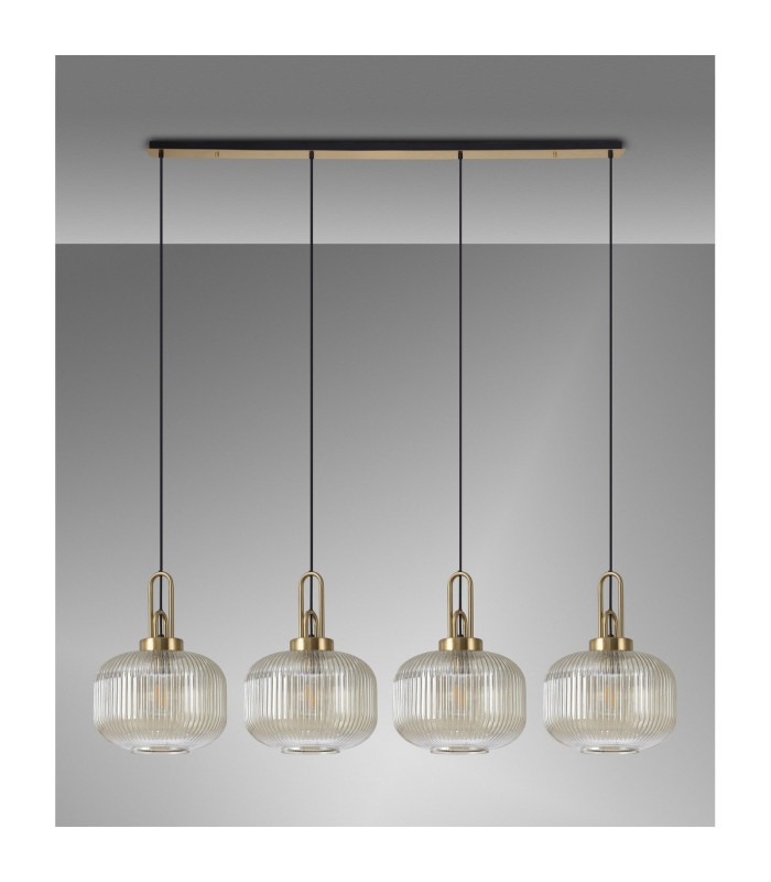 Yorktown Linear Pendant 4 x E27 Brass Gold/Matt Black 30cm Pumpkin Shaped Ribbed Champagne Glass-11