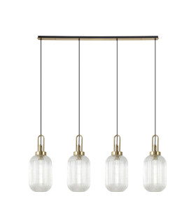 Yorktown Linear 4 Light Pendant 20cm Tubular Ribbed Glass Brass Gold/Matt Black Clear-1