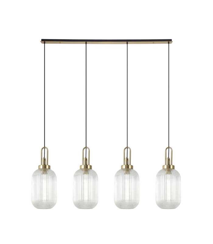 Yorktown Linear 4 Light Pendant 20cm Tubular Ribbed Glass Brass Gold/Matt Black Clear-1