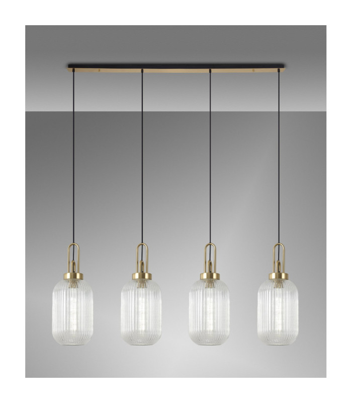Yorktown Linear 4 Light Pendant 20cm Tubular Ribbed Glass Brass Gold/Matt Black Clear-3