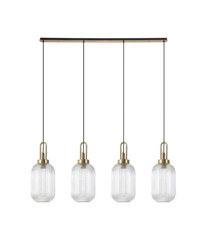Yorktown Linear 4 Light Pendant 20cm Tubular Ribbed Glass Brass Gold/Matt Black Clear-4