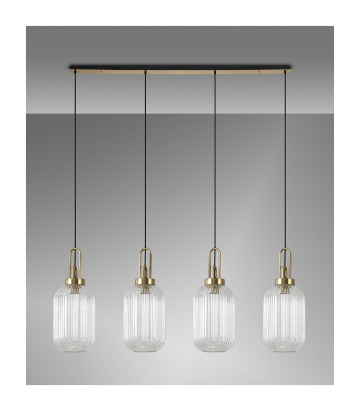 Yorktown Linear 4 Light Pendant 20cm Tubular Ribbed Glass Brass Gold/Matt Black Clear-11