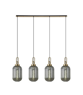 Yorktown Linear 4 Light Pendant 20cm Tubular Ribbed Glass Brass Gold/Matt Black Smoked-1