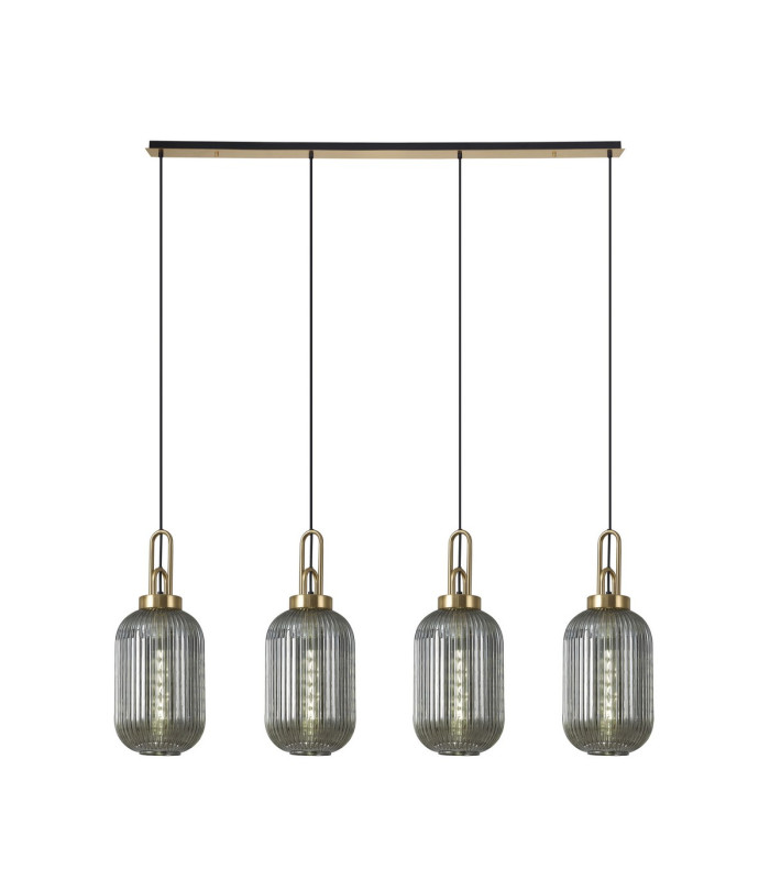 Yorktown Linear 4 Light Pendant 20cm Tubular Ribbed Glass Brass Gold/Matt Black Smoked-1