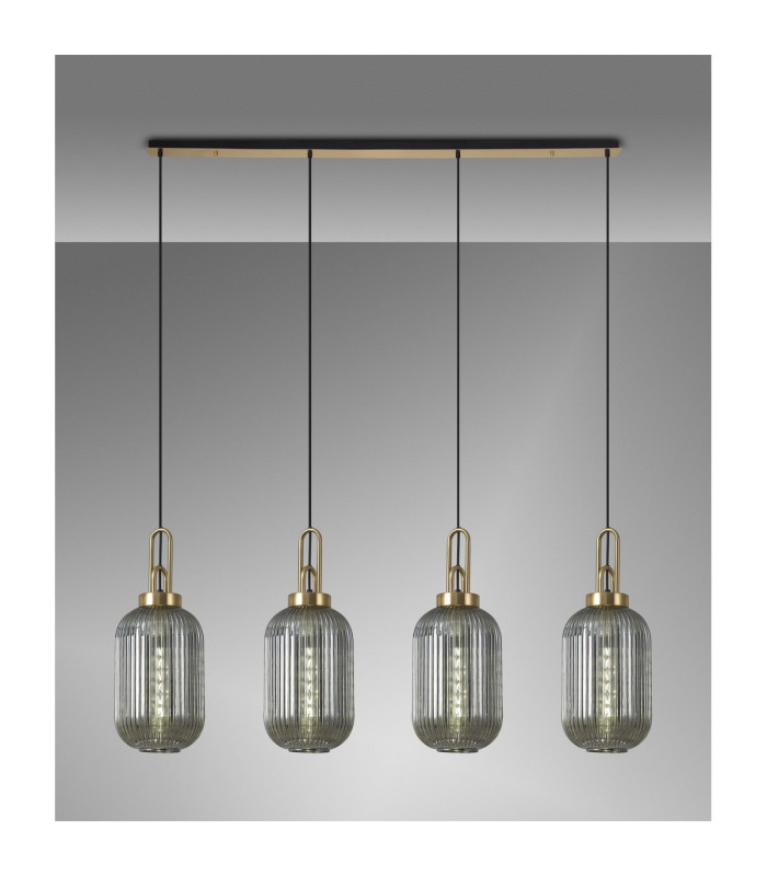Yorktown Linear 4 Light Pendant 20cm Tubular Ribbed Glass Brass Gold/Matt Black Smoked-3
