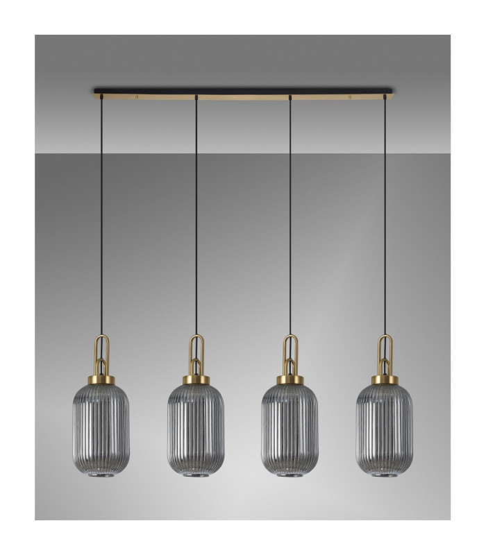Yorktown Linear 4 Light Pendant 20cm Tubular Ribbed Glass Brass Gold/Matt Black Smoked-11