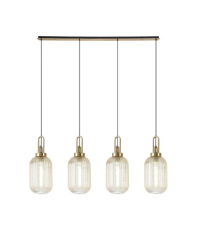Yorktown Linear 4 Light Pendant 20cm Tubular Ribbed Glass Brass Gold/Matt Black Champagne-1