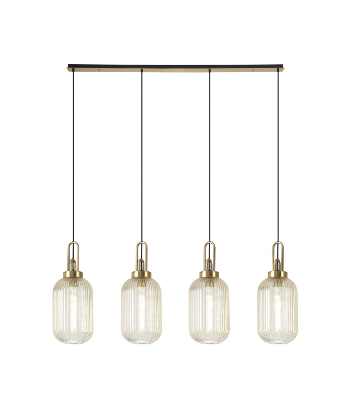 Yorktown Linear 4 Light Pendant 20cm Tubular Ribbed Glass Brass Gold/Matt Black Champagne-1