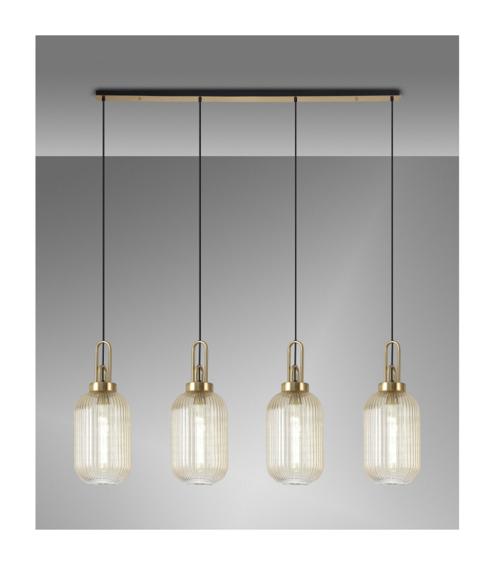 Yorktown Linear 4 Light Pendant 20cm Tubular Ribbed Glass Brass Gold/Matt Black Champagne-3
