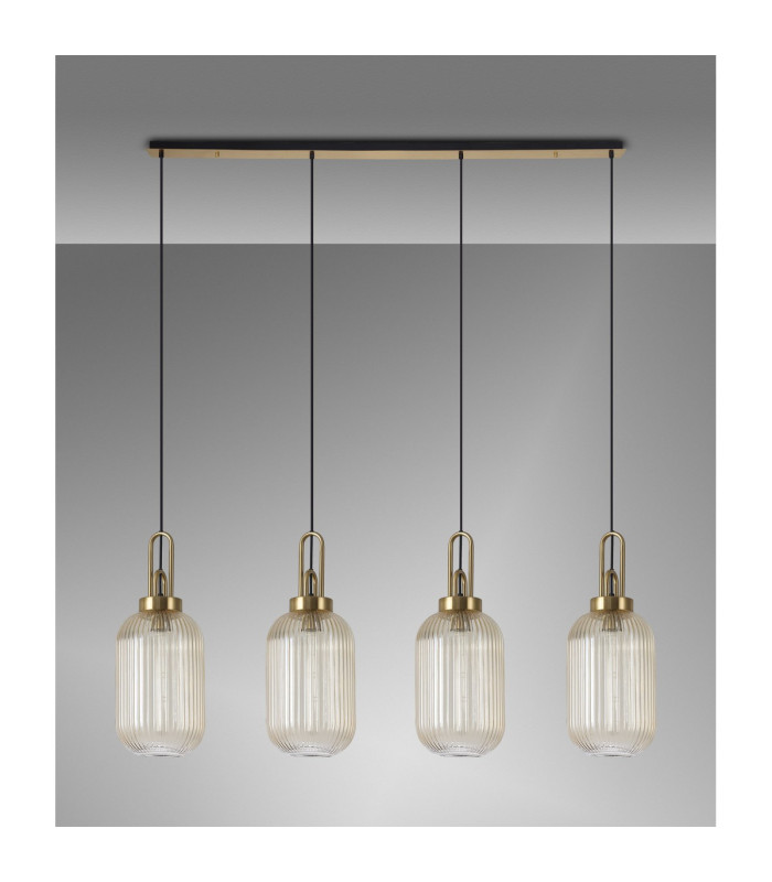 Yorktown Linear 4 Light Pendant 20cm Tubular Ribbed Glass Brass Gold/Matt Black Champagne-11