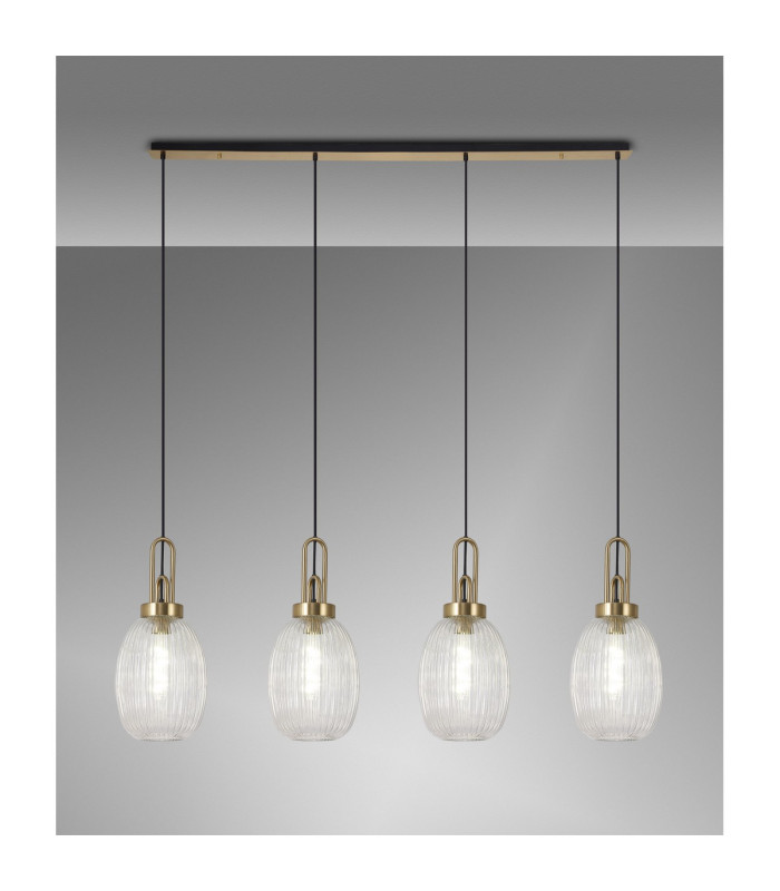 Yorktown Linear 4 Light Pendant 20cm Almond Ribbed Glass Brass Gold/Matt Black Clear-3