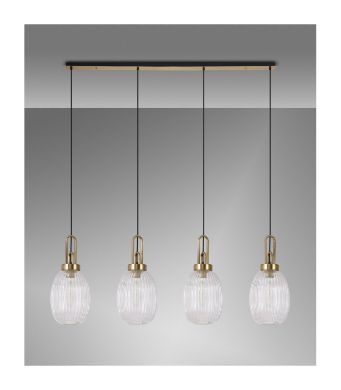 Yorktown Linear 4 Light Pendant 20cm Almond Ribbed Glass Brass Gold/Matt Black Clear-10