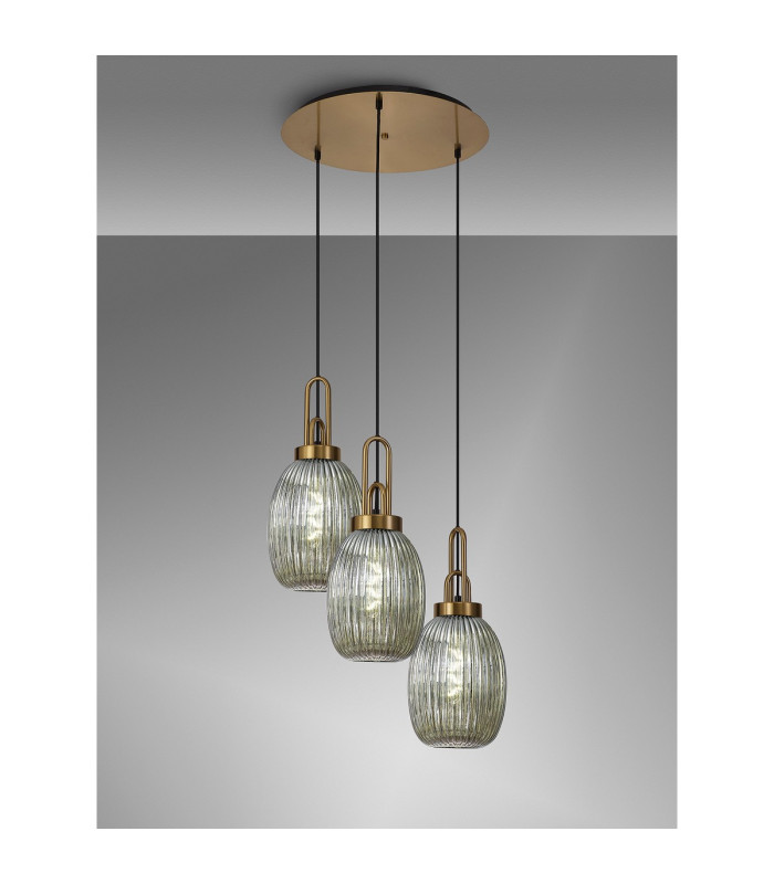 Yorktown Linear 4 Light Pendant 20cm Almond Ribbed Glass Brass Gold/Matt Black Smoked-1