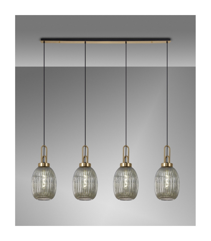 Yorktown Linear 4 Light Pendant 20cm Almond Ribbed Glass Brass Gold/Matt Black Smoked-3