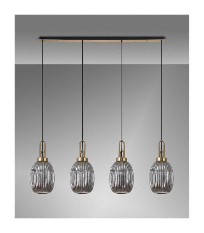 Yorktown Linear 4 Light Pendant 20cm Almond Ribbed Glass Brass Gold/Matt Black Smoked-10